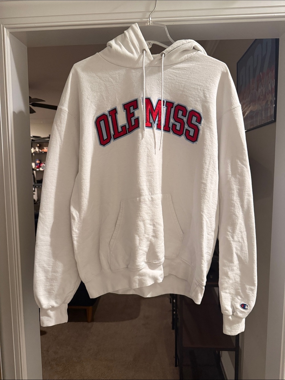 Champion White Hoodie with Red and Navy 'OLE MISS' Chest Logo